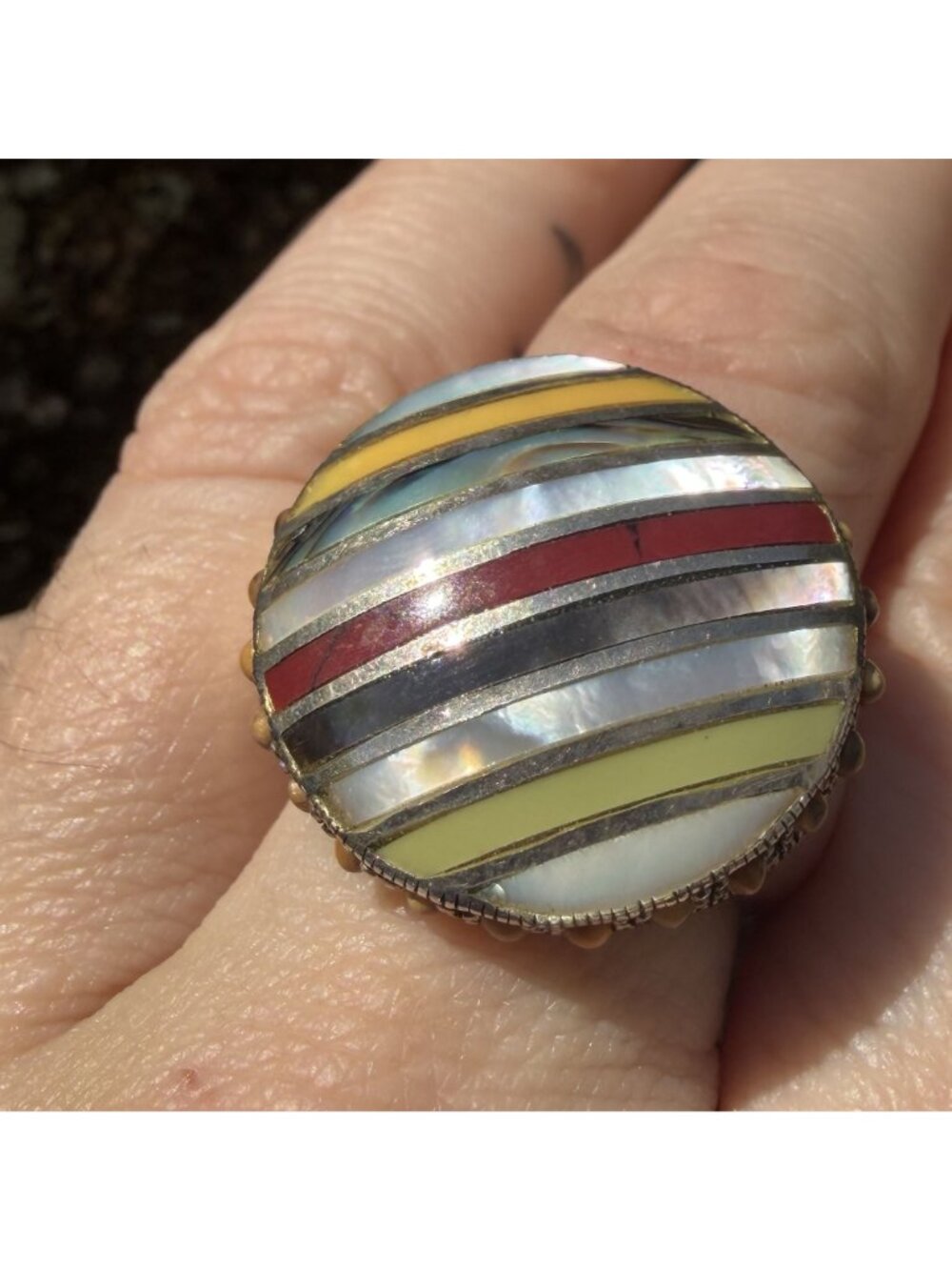 Southwestern Multi Stone Striped Inlay Ring 8 Sterling Silver MOP Jasper Boho - Picture 12 of 15